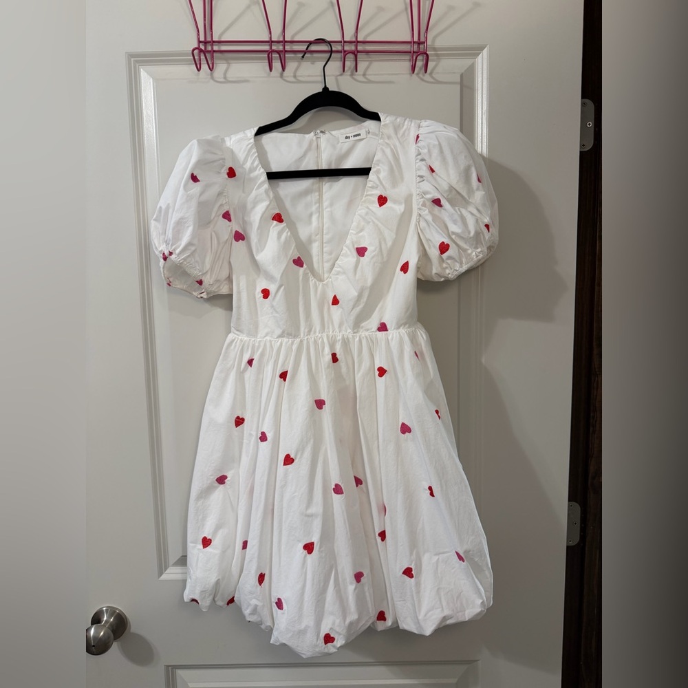 White Puff-Sleeve Bubble Mini Dress with Pink + Red Hearts
